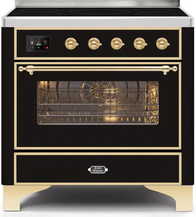 ILVE 36" Majestic II induction Range, 5 Elements, Oven, Brass Trim, Glossy Black UMI09NS3BKG