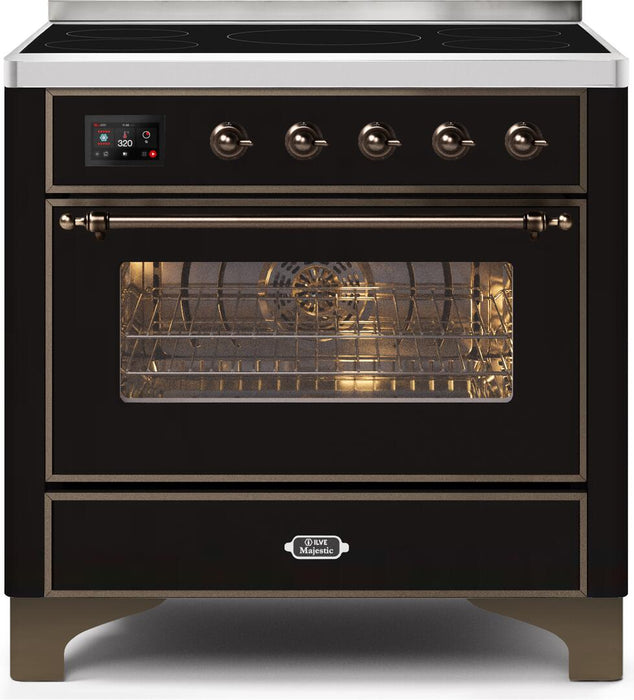 ILVE 36" Majestic II induction Range, 5 Elements, Oven, Bronze Trim, Glossy Black UMI09NS3BKB