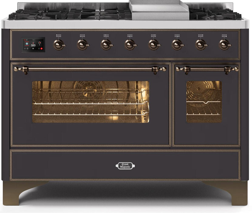 ILVE 48" Majestic II Dual Fuel Range  Bronze Trim, Matte Graphite UM12FDNS3MGB
