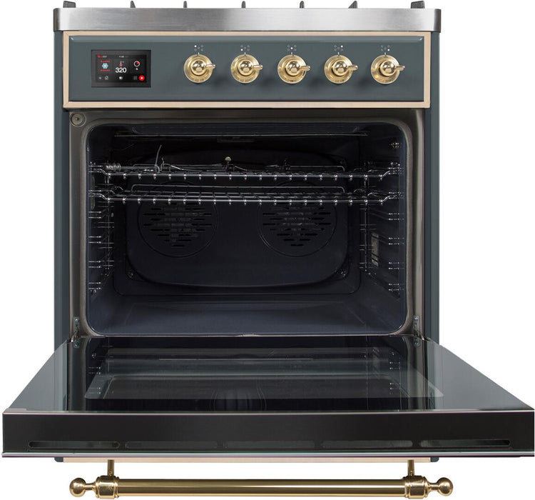 ILVE Majestic II 30" Dual Fuel, Liquid Propane, Freestanding Range, Blue Grey, Brass Trim UM30DNE3BGGLP