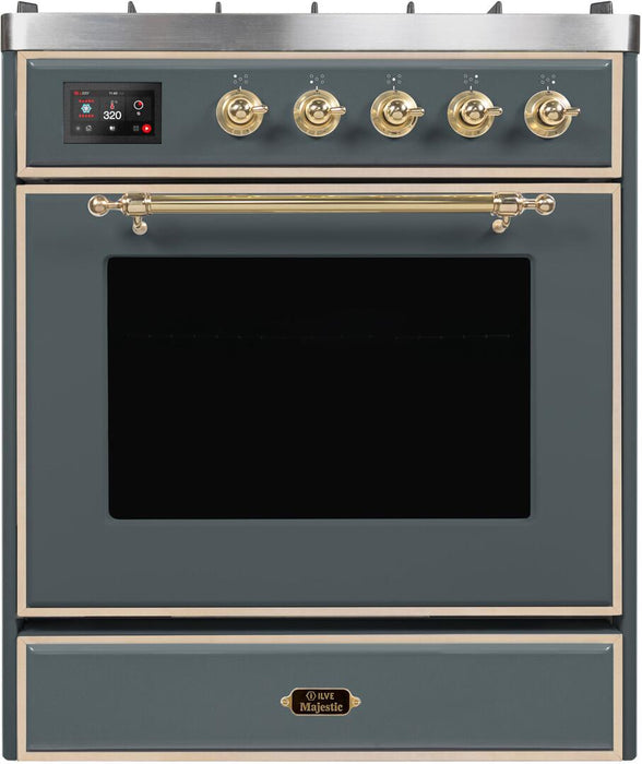 ILVE Majestic II 30" Dual Fuel, Natural Gas Range, Blue Grey, Brass Trim UM30DNE3BGG