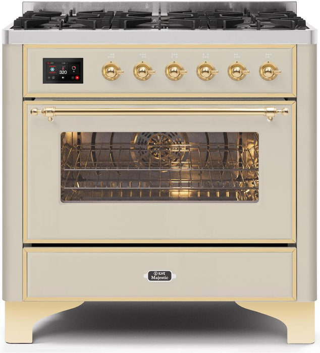 ILVE Majestic II 36" Dual Fuel, Liquid Propane, Freestanding Range, Antique White, Brass Trim UM096DNS3AWGLP