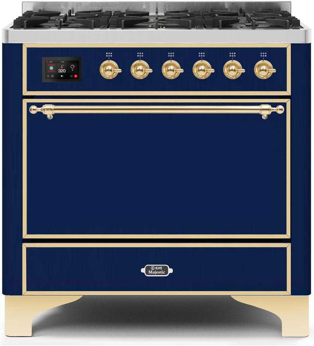ILVE Majestic II 36" Dual Fuel, Liquid Propane, Freestanding Range, Blue, Brass Trim UM096DQNS3MBGLP