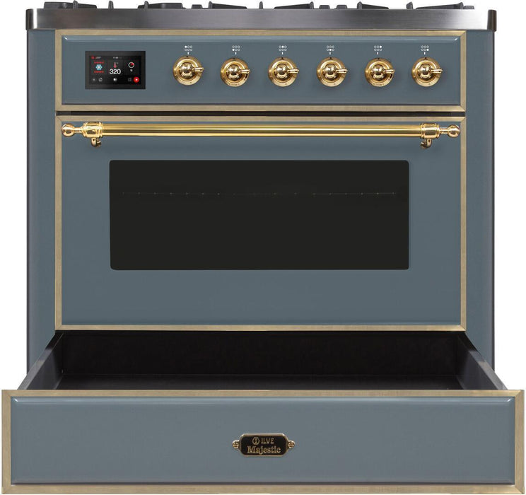 ILVE Majestic II 36" Dual Fuel, Liquid Propane, Freestanding Range, Blue Grey, Brass Trim UM09FDNS3BGGLP