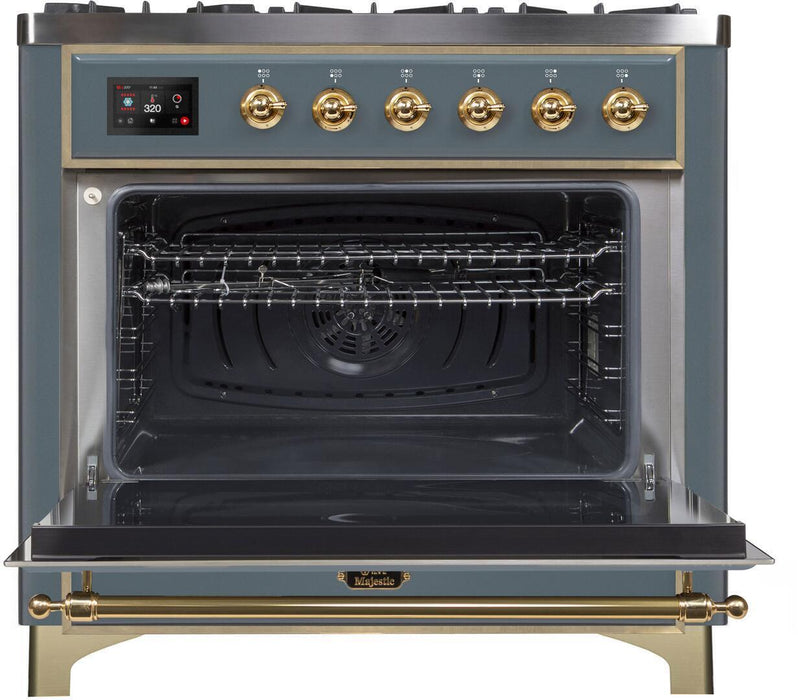ILVE Majestic II 36" Dual Fuel, Liquid Propane, Freestanding Range, Blue Grey, Brass Trim UM09FDNS3BGGLP