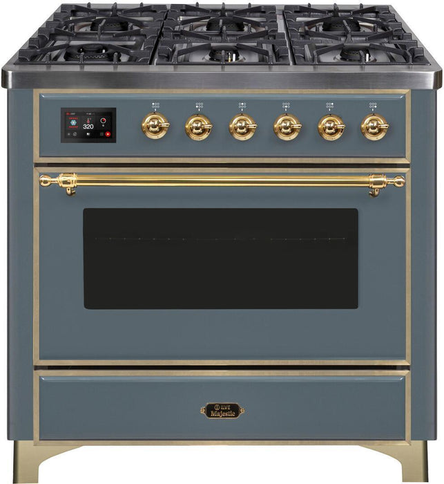 ILVE Majestic II 36" Dual Fuel, Liquid Propane, Freestanding Range, Blue Grey, Brass Trim UM09FDNS3BGGLP