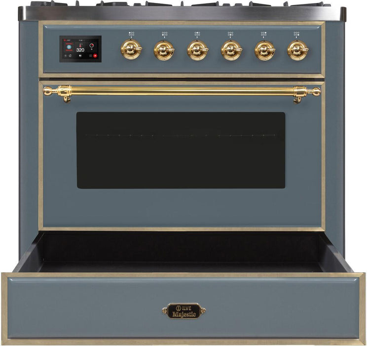 ILVE Majestic II 36" Dual Fuel, Natural Gas, Freestanding Range, Blue Grey, Brass Trim UM09FDNS3BGG