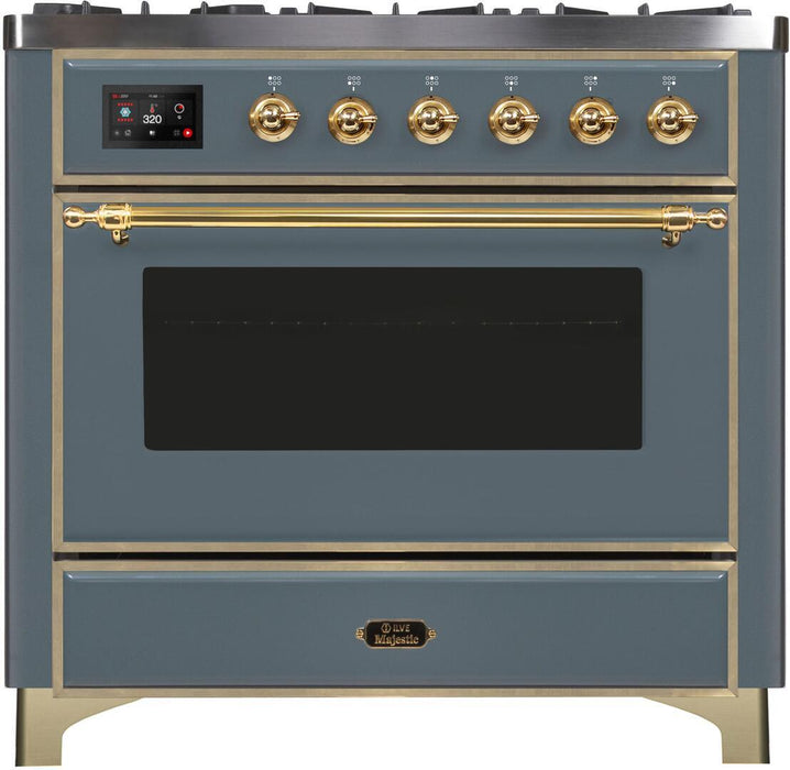 ILVE Majestic II 36" Dual Fuel, Natural Gas, Freestanding Range, Blue Grey, Brass Trim UM09FDNS3BGG