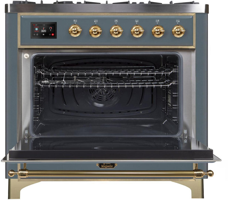 ILVE Majestic II 36" Dual Fuel, Natural Gas, Freestanding Range, Blue Grey, Brass Trim UM09FDNS3BGG