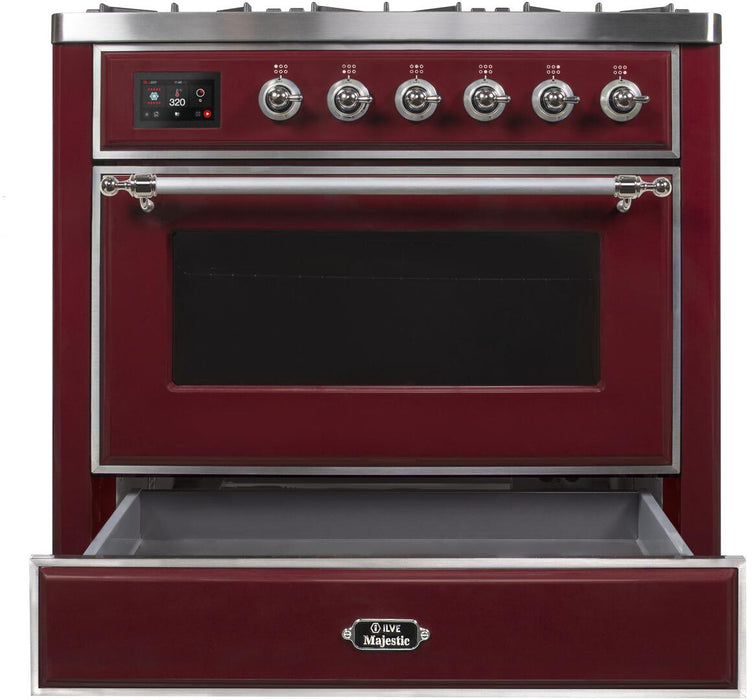 ILVE Majestic II 36" Dual Fuel, Natural Gas, Freestanding Range, Burgundy, Chrome Trim UM096DNS3BUC
