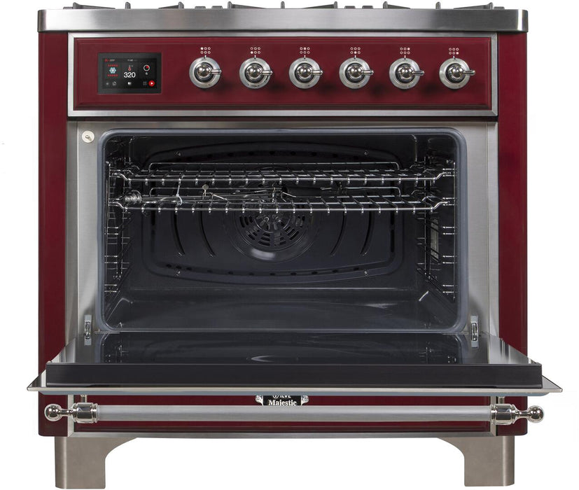 ILVE Majestic II 36" Dual Fuel, Natural Gas, Freestanding Range, Burgundy, Chrome Trim UM096DNS3BUC