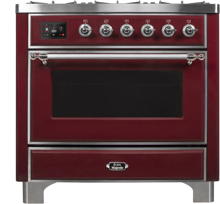 ILVE Majestic II 36" Dual Fuel, Natural Gas, Freestanding Range, Burgundy, Chrome Trim UM096DNS3BUC