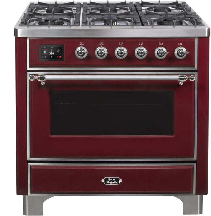 ILVE Majestic II 36" Dual Fuel, Natural Gas, Freestanding Range, Burgundy, Chrome Trim UM096DNS3BUC