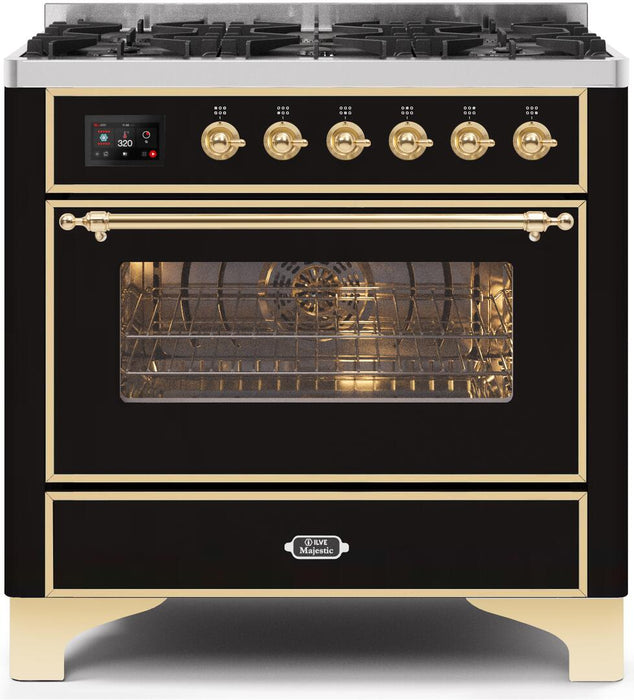 ILVE Majestic II 36" Dual Fuel, Natural Gas, Freestanding Range, Glossy Black, Brass Trim UM096DNS3BKG
