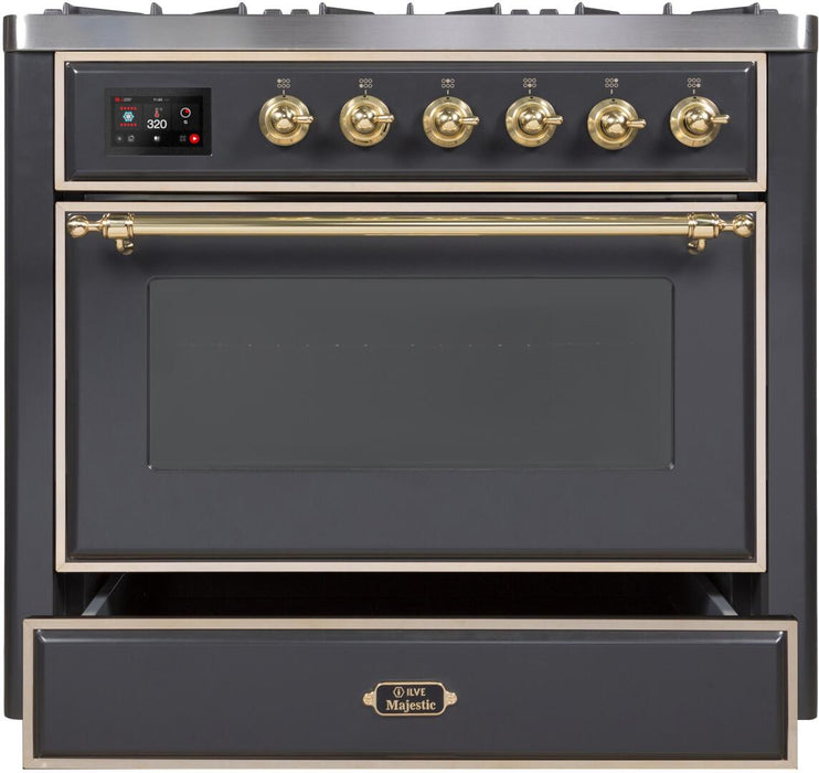 ILVE Majestic II 36" Dual Fuel, Natural Gas, Freestanding Range, Matte Graphite, Brass Trim UM096DNS3MGG