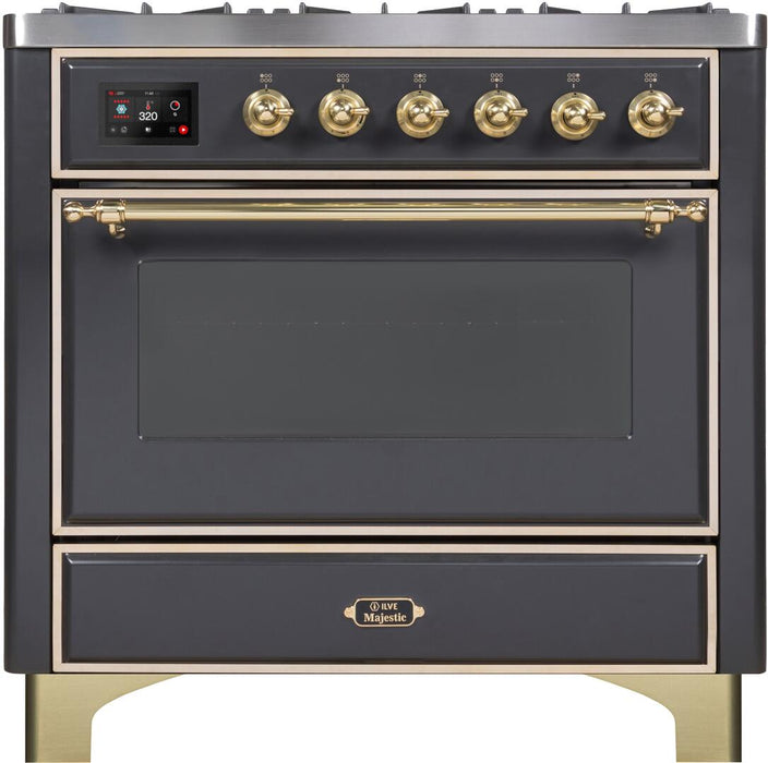 ILVE Majestic II 36" Dual Fuel, Natural Gas, Freestanding Range, Matte Graphite, Brass Trim UM096DNS3MGG