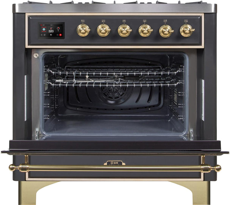 ILVE Majestic II 36" Dual Fuel, Natural Gas, Freestanding Range, Matte Graphite, Brass Trim UM096DNS3MGG