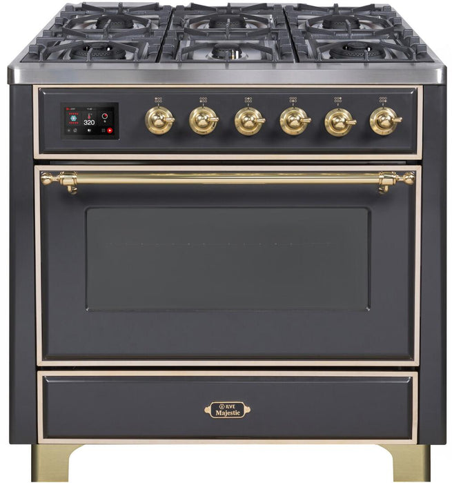 ILVE Majestic II 36" Dual Fuel, Natural Gas, Freestanding Range, Matte Graphite, Brass Trim UM096DNS3MGG