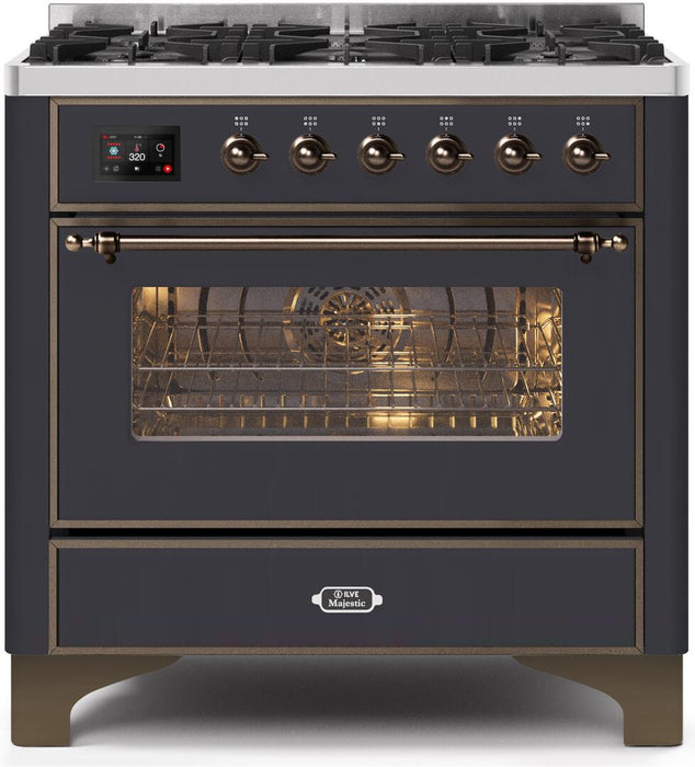 ILVE Majestic II 36" Dual Fuel, Natural Gas, Freestanding Range, Matte Graphite, Bronze Trim UM096DNS3MGB