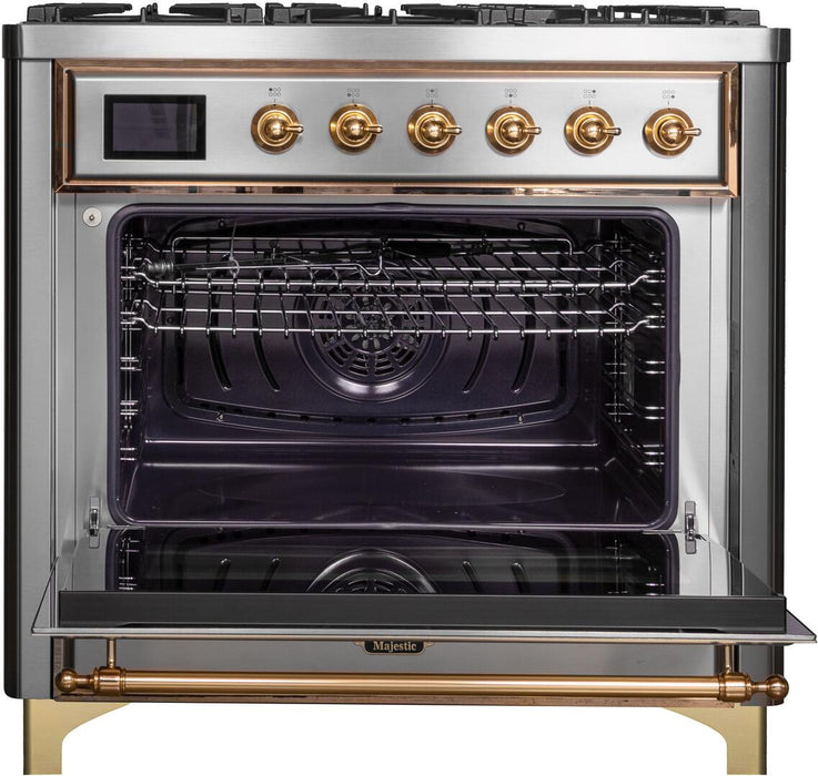 ILVE Majestic II 36" Dual Fuel, Natural Gas, Freestanding Range, Stainless Steel, Brass Trim UM096DNS3SSG