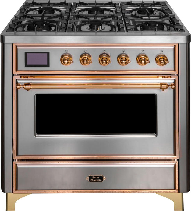 ILVE Majestic II 36" Dual Fuel, Natural Gas, Freestanding Range, Stainless Steel, Brass Trim UM096DNS3SSG