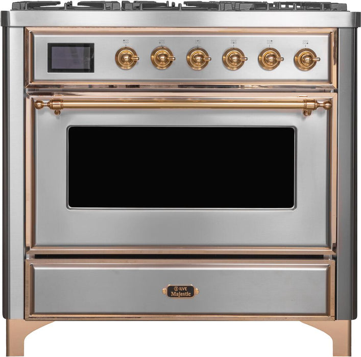 ILVE Majestic II 36" Dual Fuel, Natural Gas, Freestanding Range, Stainless Steel, Brass Trim UM096DNS3SSG