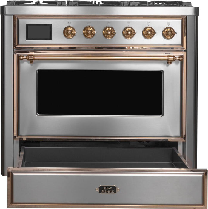 ILVE Majestic II 36" Dual Fuel, Natural Gas, Freestanding Range, Stainless Steel, Brass Trim UM096DNS3SSG