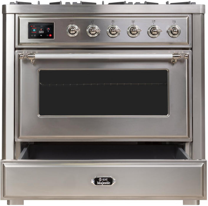 ILVE Majestic II 36" Dual Fuel, Natural Gas, Freestanding Range, Stainless Steel, Chrome Trim UM096DNS3SSC