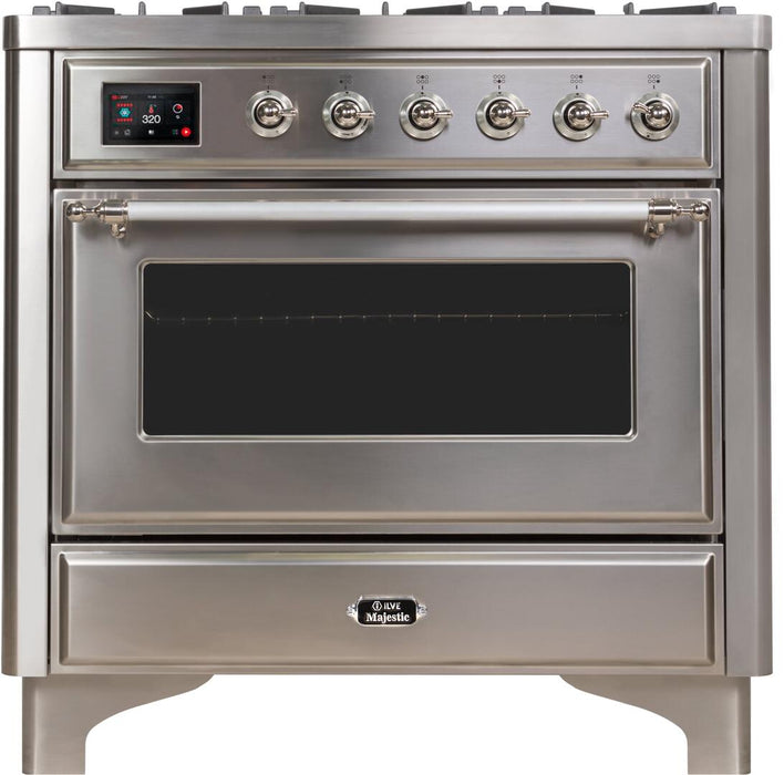 ILVE Majestic II 36" Dual Fuel, Natural Gas, Freestanding Range, Stainless Steel, Chrome Trim UM096DNS3SSC