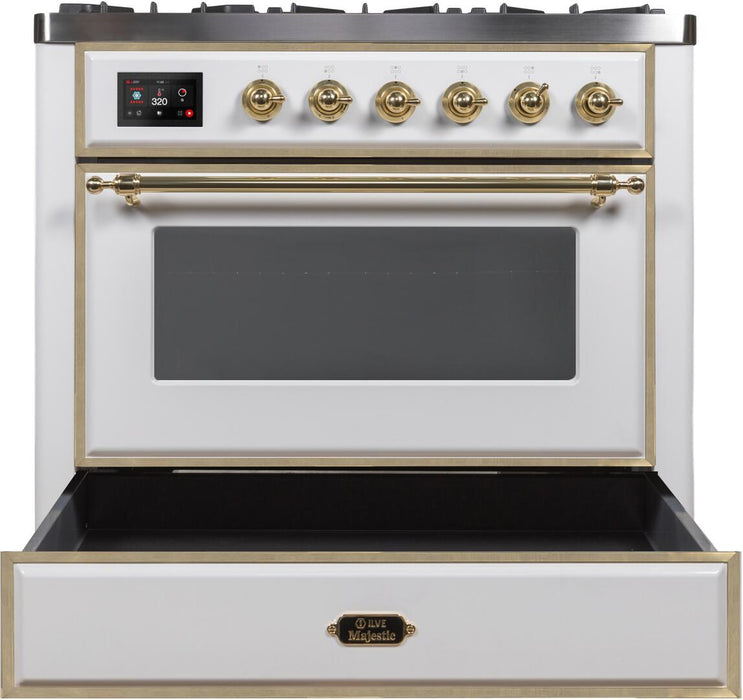ILVE Majestic II 36" Dual Fuel, Natural Gas, Freestanding Range, White, Brass Trim UM096DNS3WHG