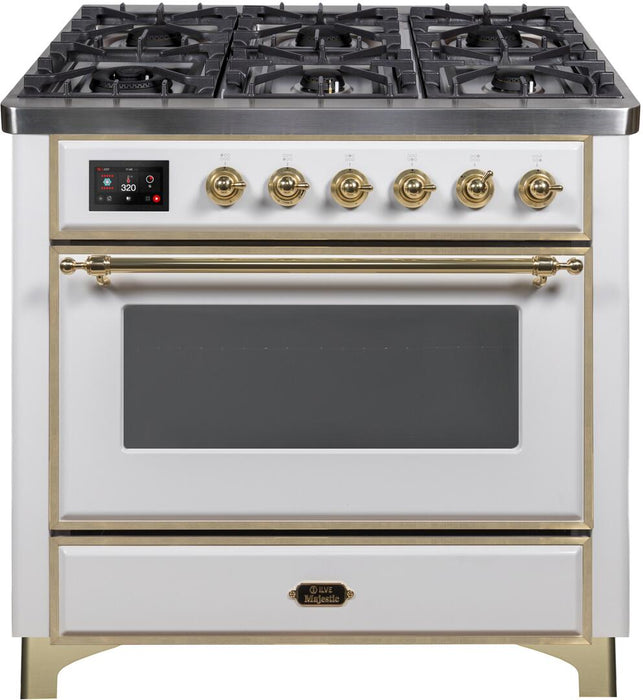 ILVE Majestic II 36" Dual Fuel, Natural Gas, Freestanding Range, White, Brass Trim UM096DNS3WHG