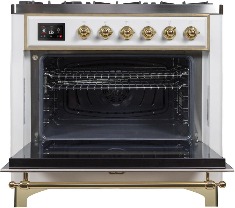 ILVE Majestic II 36" Dual Fuel, Natural Gas, Freestanding Range, White, Brass Trim UM096DNS3WHG