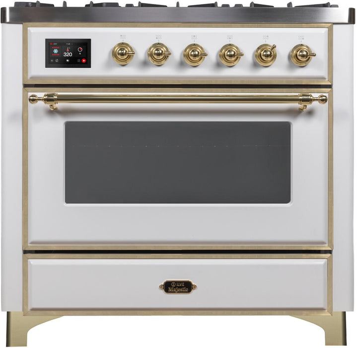 ILVE Majestic II 36" Dual Fuel, Natural Gas, Freestanding Range, White, Brass Trim UM096DNS3WHG