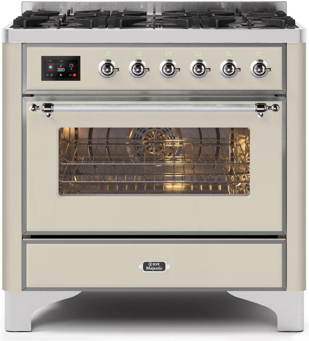ILVE Majestic II 36" Dual Fuel Range, Antique White, Chrome Trim UM096DNS3AWC