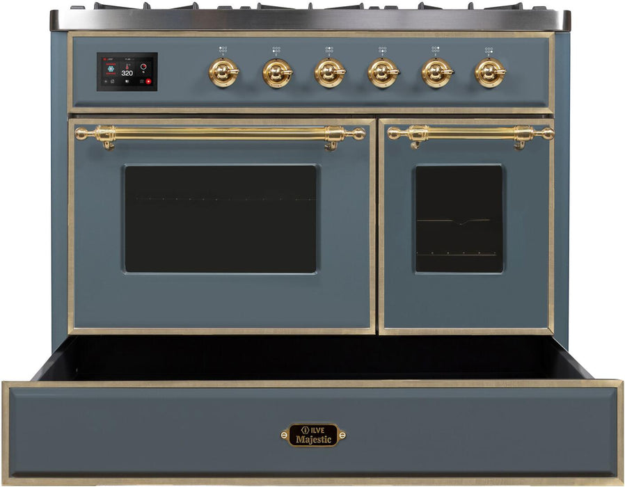 ILVE Majestic II 40" Dual Fuel, Natural Gas, Freestanding Range, Blue Grey, Brass Trim UMD10FDNS3BGG