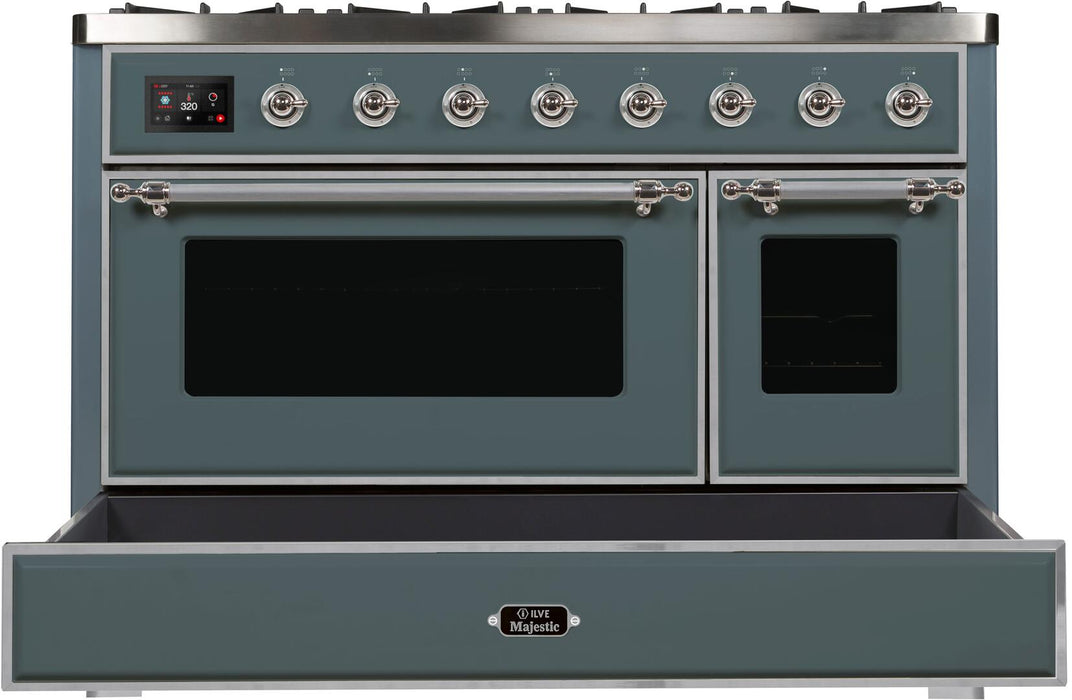 ILVE Majestic II 48" Dual Fuel Liquid Propane Freestanding Range, Blue Grey, Chrome Trim UM12FDNS3BGCLP