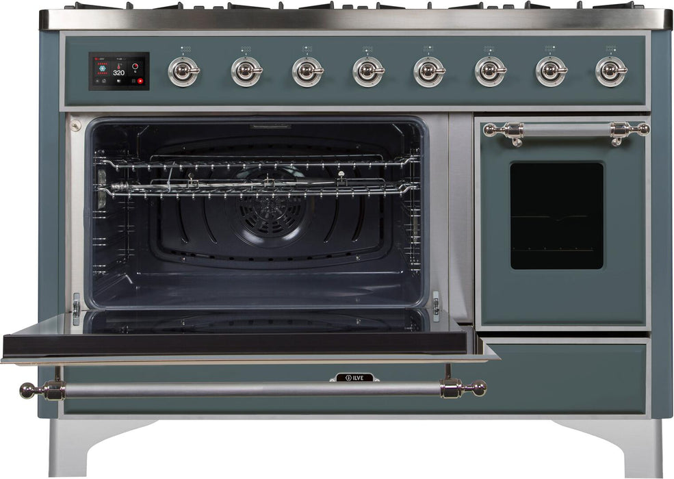 ILVE Majestic II 48" Dual Fuel Liquid Propane Freestanding Range, Blue Grey, Chrome Trim UM12FDNS3BGCLP