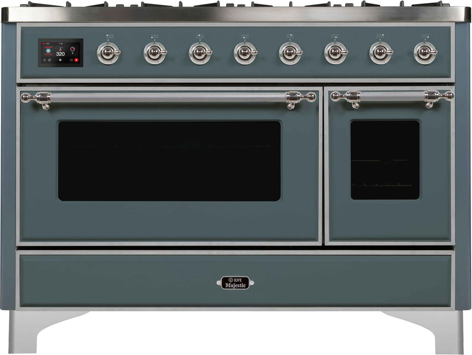 ILVE Majestic II 48" Dual Fuel Liquid Propane Freestanding Range, Blue Grey, Chrome Trim UM12FDNS3BGCLP