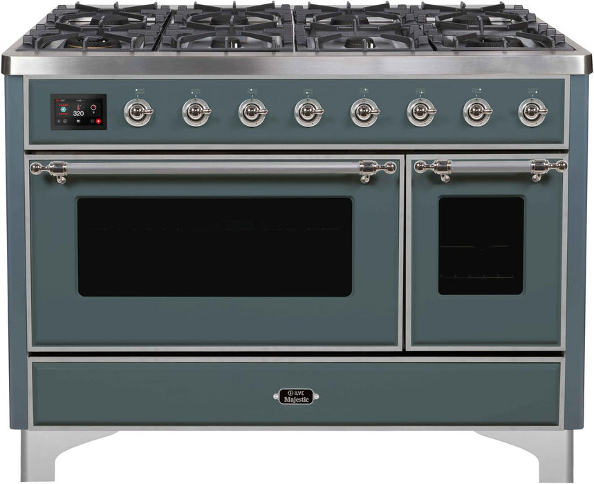 ILVE Majestic II 48" Dual Fuel Liquid Propane Freestanding Range, Blue Grey, Chrome Trim UM12FDNS3BGCLP