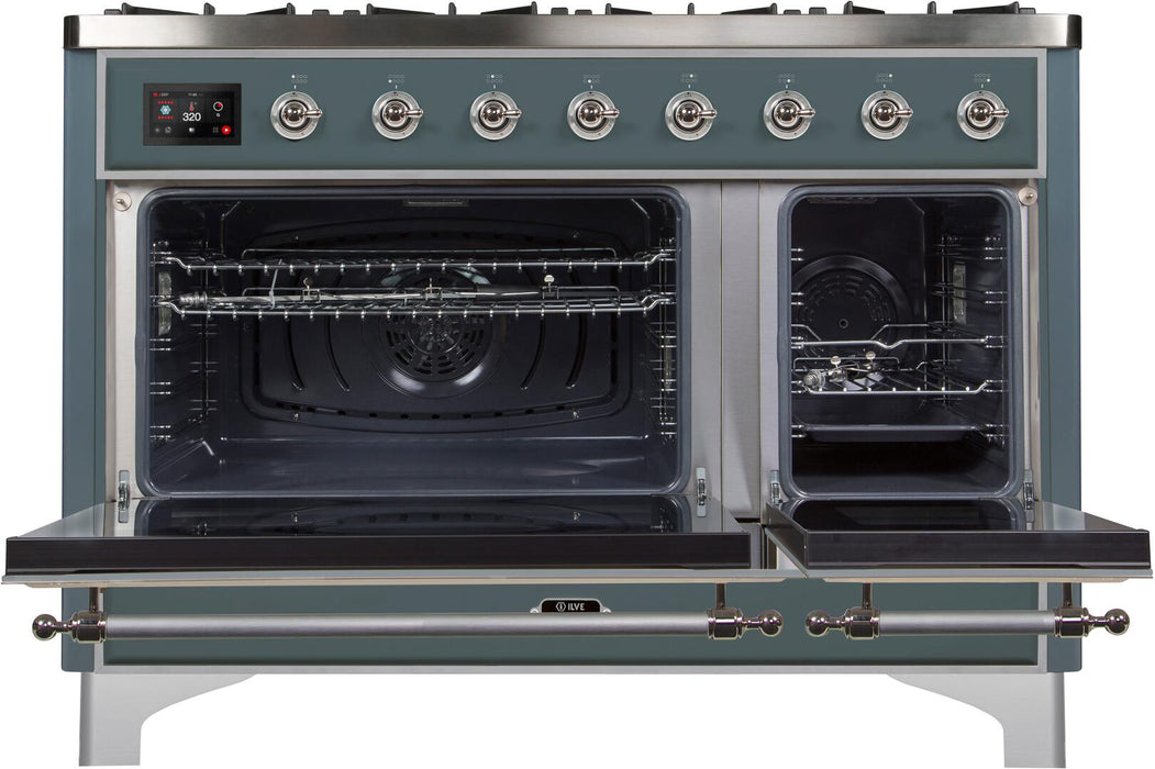ILVE Majestic II 48" Dual Fuel Liquid Propane Freestanding Range, Blue Grey, Chrome Trim UM12FDNS3BGCLP