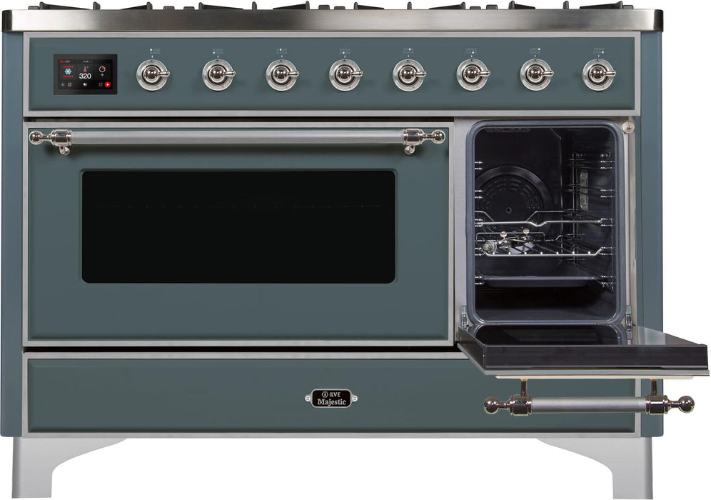 ILVE Majestic II 48" Dual Fuel Liquid Propane Freestanding Range, Blue Grey, Chrome Trim UM12FDNS3BGCLP