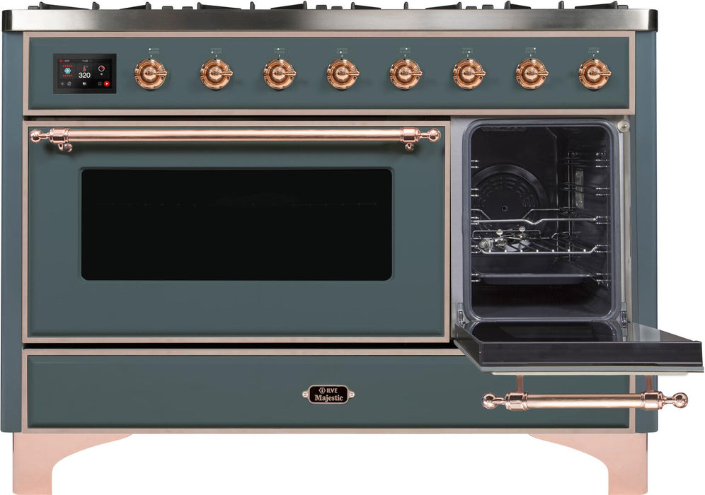ILVE Majestic II 48" Dual Fuel Liquid Propane Freestanding Range, Blue Grey, Copper Trim UM12FDNS3BGPLP