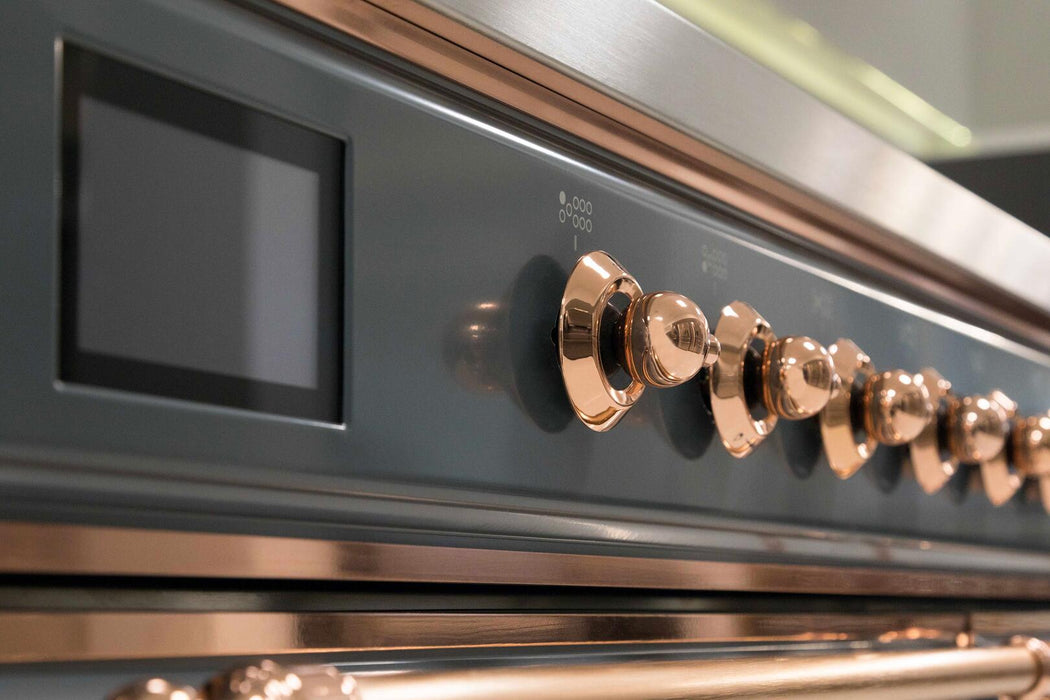 ILVE Majestic II 48" Dual Fuel Liquid Propane Freestanding Range, Blue Grey, Copper Trim UM12FDNS3BGPLP