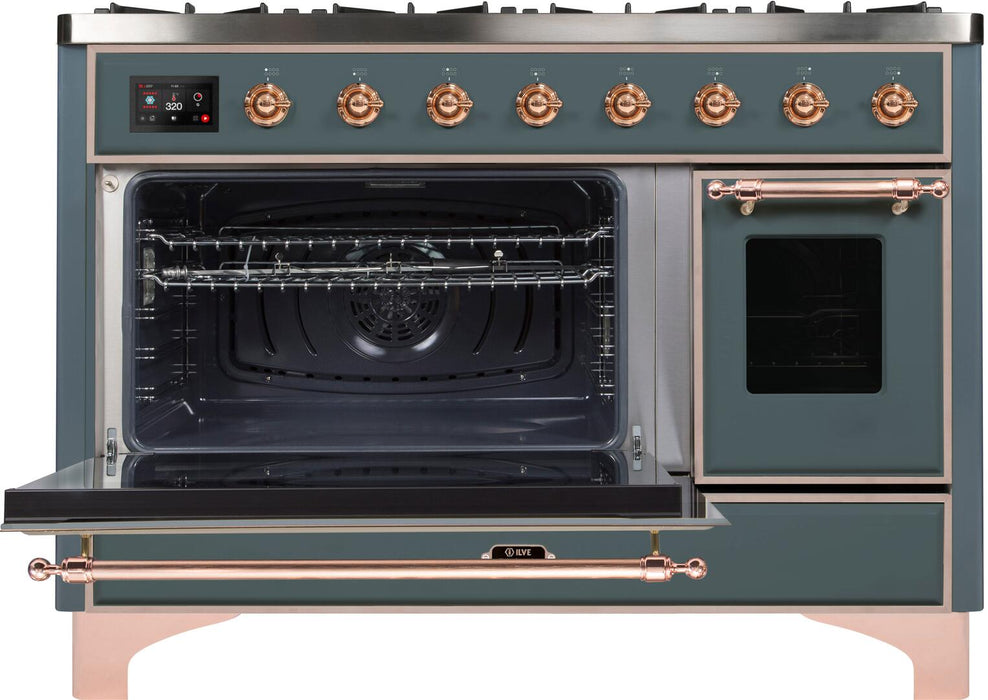ILVE Majestic II 48" Dual Fuel Liquid Propane Freestanding Range, Blue Grey, Copper Trim UM12FDNS3BGPLP