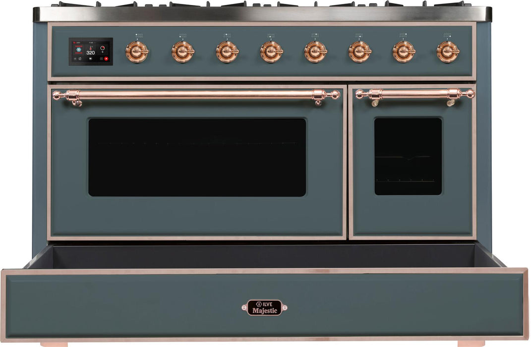 ILVE Majestic II 48" Dual Fuel Liquid Propane Freestanding Range, Blue Grey, Copper Trim UM12FDNS3BGPLP