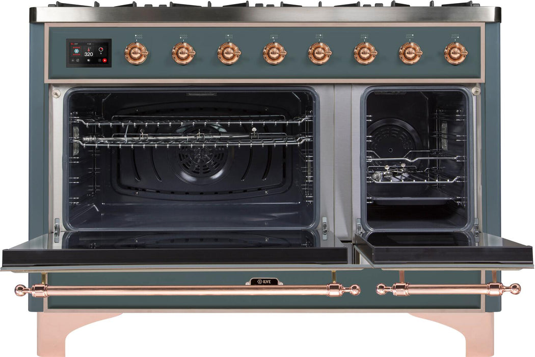 ILVE Majestic II 48" Dual Fuel Liquid Propane Freestanding Range, Blue Grey, Copper Trim UM12FDNS3BGPLP