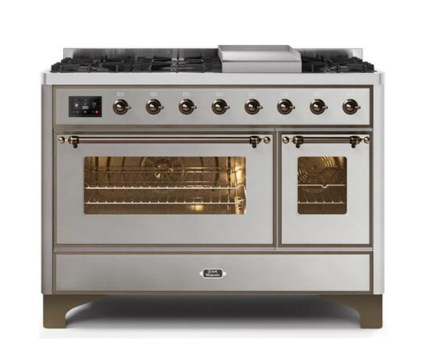 ILVE Majestic II 48" Dual Fuel Liquid Propane Freestanding Range, Stainless Steel, Bronze Trim UM12FDNS3SSBLP