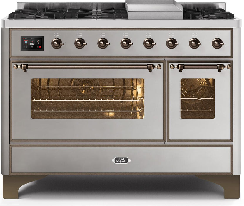 ILVE Majestic II 48" Dual Fuel Liquid Propane Freestanding Range, Stainless Steel, Bronze Trim UM12FDNS3SSBLP