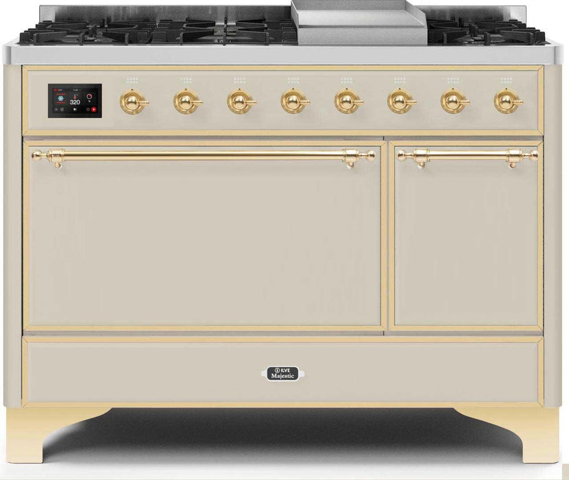 ILVE Majestic II 48" Dual Fuel, Natural Gas Freestanding Range, Antique White, Brass Trim UM12FDQNS3AWG
