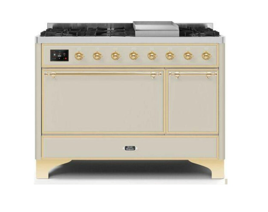 ILVE Majestic II 48" Dual Fuel, Natural Gas Freestanding Range, Antique White, Brass Trim UM12FDQNS3AWG